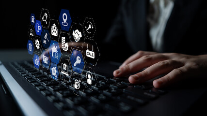 Online property search icons showing real estate rent, sale, housing, location, property...