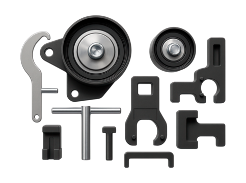 Timing belt tool kit with tensioners and locks for engine maintenance.