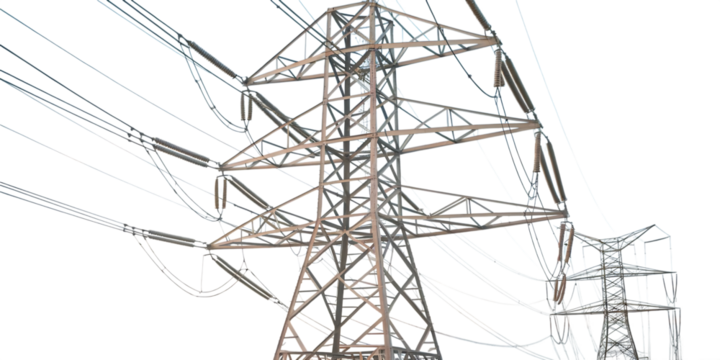 Close up view of a large metal electricity pylon, with multiple power lines, cutout, PNG isolated on white or transparent background