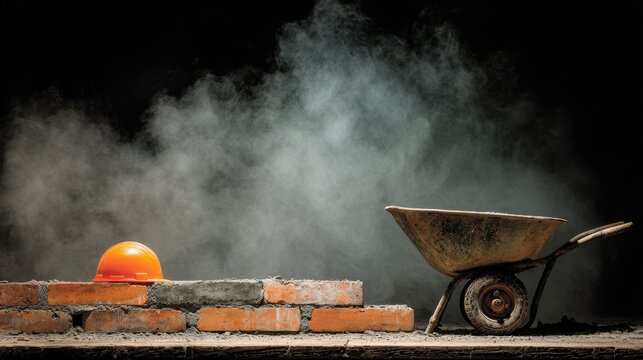 Construction scene with orange hard hat, brick wall, and wheelbarrow under dramatic lighting and smoke effect