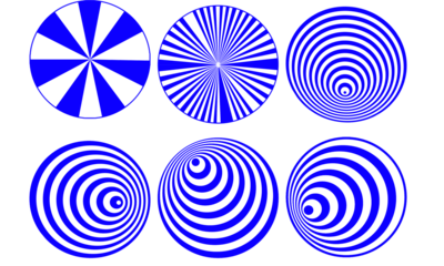 Six blue circular optical illusions against a stark design on transparent background