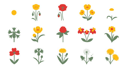 Various simple wildflower icons illustration on white background