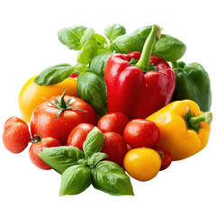 A vibrant mix of bell peppers, tomatoes, and fresh basil is displayed, showcasing nature's bounty for healthy meals