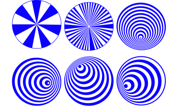 Six blue circular optical illusions against a stark design on transparent background