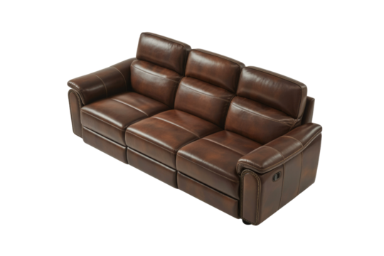 A luxurious brown leather three-seater reclining sofa, featuring plush cushions and elegant stitching, designed for ultimate comfort and modern living spaces. background removed