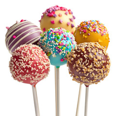 Six cake pops with bright sprinkles are arranged on sticks, perfect for a birthday or special occasion treat