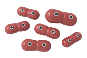 Six red, cartoon-like, conjoined capsules with eyes float on a dark transparent background, resembling microorganisms or playful bacteria cells. background removed