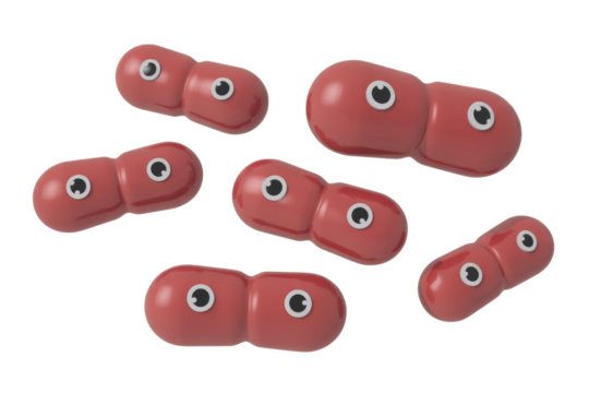 Six red, cartoon-like, conjoined capsules with eyes float on a dark transparent background, resembling microorganisms or playful bacteria cells. background removed