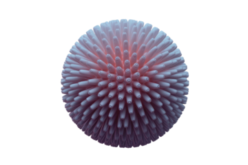 Abstract 3D spherical object covered in light pink to dark purple spikes, resembling a virus or microscopic organism, on a transparent background. background removed