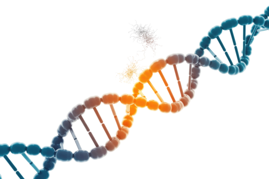 A 3D rendered DNA strand shows a segment undergoing damage or interaction with cellular elements, illustrating genetic mutation or intervention. background removed
