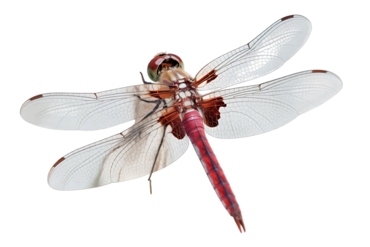 Detailed macro photograph of a red and white dragonfly, with intricate wing patterns and large compound eyes, cutout, PNG isolated on white or transparent background
