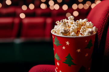 A festive bucket of popcorn sits on plush red seats in a darkened movie theater. Christmas trees and stars adorn the container, with soft bokeh lights in the background.