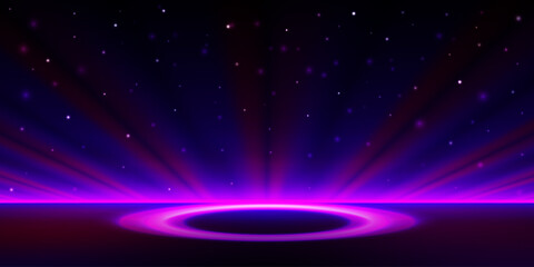 Obraz premium Futuristic sci fi background with glowing purple and fuchsia light rings under starry dark blue sky.Vector for digital technology,metaverse,virtual reality,high tech design projects