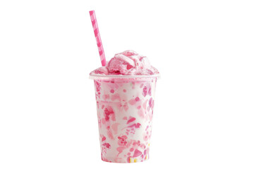 Pink drink with striped straw on transparent background