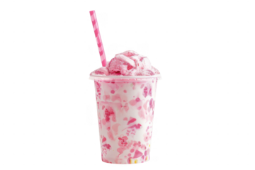 Pink drink with striped straw on transparent background