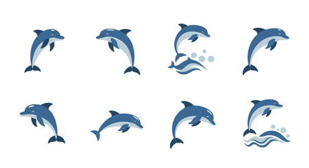 Blue Dolphin Jumping Water Icon Collection Vector Set