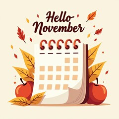 Hello November greeting with stylized calendar, autumn leaves, and red apples. Warm seasonal illustration. Social media, packaging, blog posts, and greeting cards.