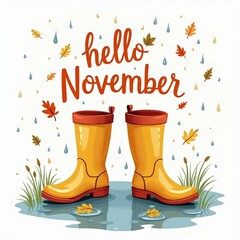 Hello November greeting with yellow rain boots in puddle, surrounded by raindrops and colorful autumn leaves. Cheerful seasonal illustration. Cards, packaging, blogs, social media.