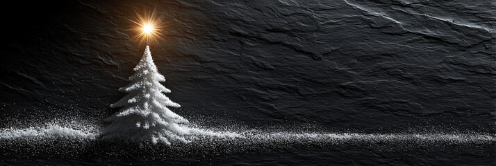 Extreme close-up and top view of a stylized Christmas tree made with snow, golden star glowing atop, against a black slate with copy space. Template for a Christmas card. Generative Ai.