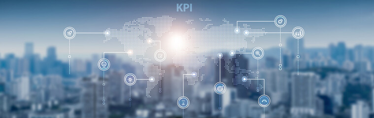 KPI analytics and global network connection, business performance, productivity tracking, data visualization, corporate growth, and strategic management.