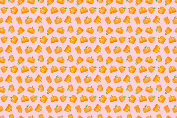 Autumn seamless pattern. Pink background. Hand drawn watercolor ornament with pumpkins for wrapping paper, fabrics, design, decorations.