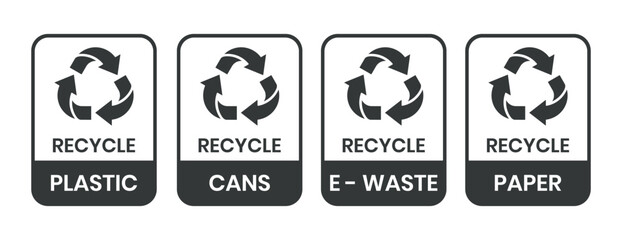 Recycle label products. Recycle icon set, Recycle sign, logo, badge, icon, sticker, label, emblem, stamp, symbol, black, line, flat vector, isolated illustration.