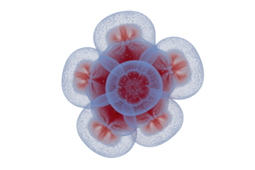 Abstract microscopic view of a vibrant organic structure, featuring a blue central core surrounded by six translucent red-filled cellular forms. background removed