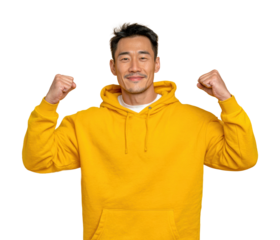Celebrating victory a man in yellow hoodie portrait joy isolated on transparent background