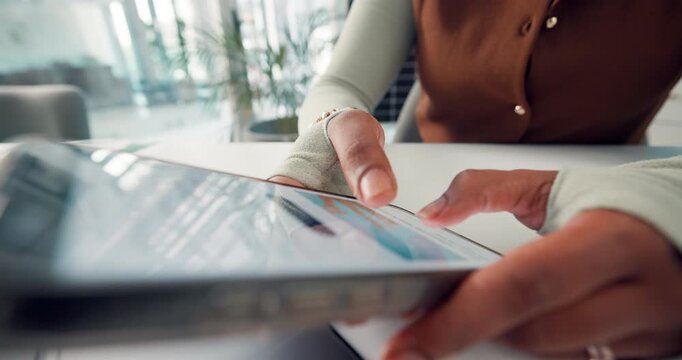 Hands, phone and scrolling with business woman at desk in office for connection or research. Information, reading and screen with employee person closeup in workplace for mobile website review