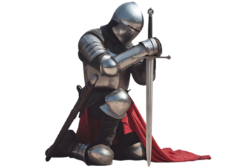 Medieval knight in full polished steel armor, kneeling with sword and red cape, cutout, PNG isolated on white or transparent background