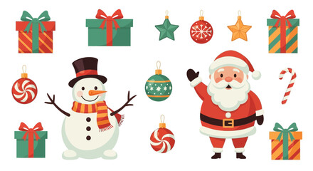 A vibrant set of Christmas holiday illustrations, featuring Santa Claus, a snowman, gift boxes, and decorative ornaments
