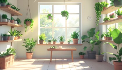 Isometric flat vector illustration of a cozy indoor garden with potted plants and natural light, representing eco-friendly home decor and urban gardening.
