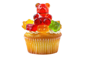 Cupcake with gummy bear candy on transparent background