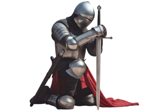 Medieval knight in full polished steel armor, kneeling with sword and red cape, cutout, PNG isolated on white or transparent background