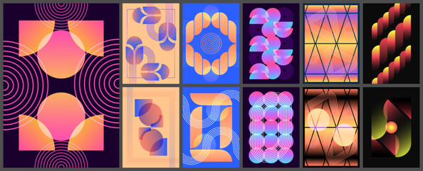 Set of abstract geometric backgrounds and posters with neon spheres rounded tracks ripple rings and mesh panels © Iryna Rybalko