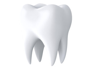 Three dimensional white molar tooth, with visible roots and a smooth surface, cutout, PNG isolated on white or transparent background