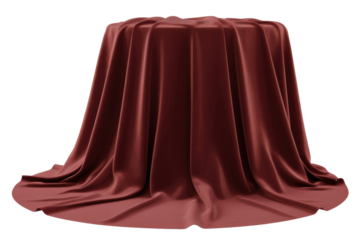 A luxurious dark red satin or silk fabric draped over an unseen circular object, creating elegant folds on a transparent background. background removed