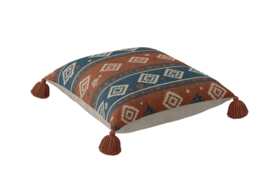 A stylish accent pillow featuring a blue and rust geometric tribal pattern with four decorative tassels, perfect for home decor. background removed - Powered by Adobe