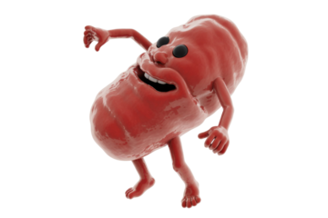 A playful, red, animated kidney-like character with wide eyes, a big smile, arms, and legs strikes a dynamic pose. background removed