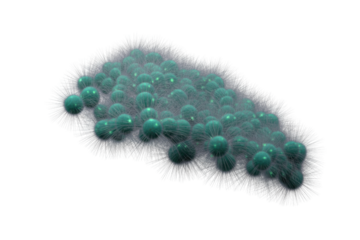A microscopic cluster of teal spheres with fibrous outer layers, resembling bacteria or cells in a colony, against a transparent background. background removed