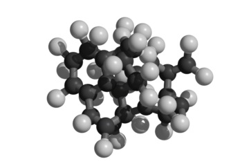 3D ball-and-stick model of a complex polycyclic hydrocarbon molecule, featuring dark carbon atoms and white hydrogen atoms, detailing its structure. background removed