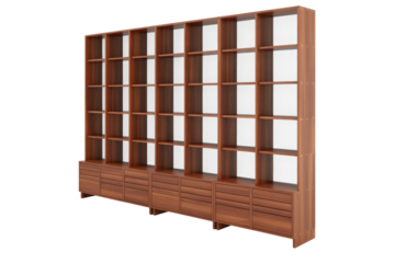 A large, modern wooden bookshelf featuring numerous open shelves and lower storage drawers, perfect for home or office organization. background removed