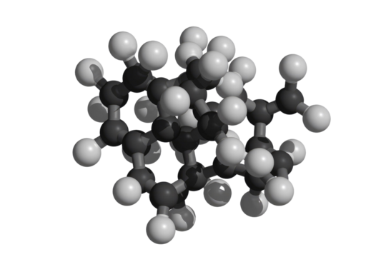 3D ball-and-stick model of a complex polycyclic hydrocarbon molecule, featuring dark carbon atoms and white hydrogen atoms, detailing its structure. background removed