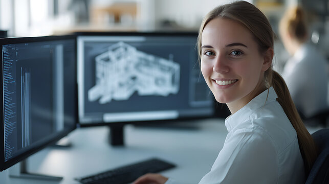 Focused female architect using CAD software to design a building with dual monitors. She is reviewing building plans, smiling. Professional workplace environment. - Powered by Adobe