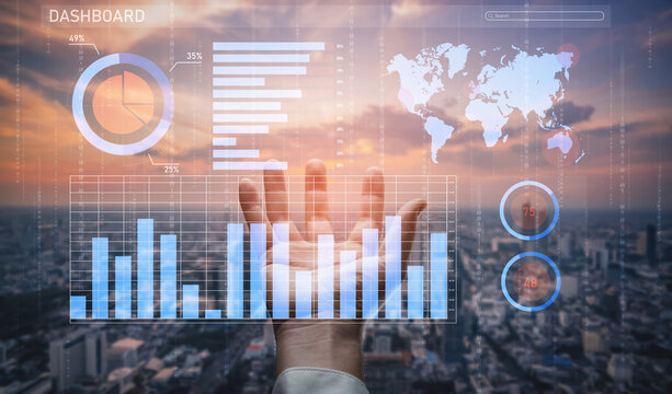 A hand presenting futuristic data visualization in front of a city skyline at sunset. The scene showcases dynamic graphs and a world map, reflecting modern analytics and business growth trends. Impute