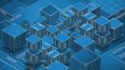 Obraz premium Modern blueprint design showcasing isometric cubes and architectural plans in cool blue tones, ideal for tech, architecture, and innovative design projects.