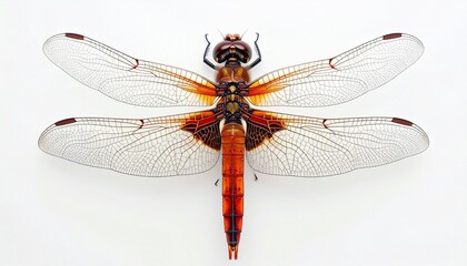 Symmetrical top-down view of dragonfly with four transparent veined wings, segmented body in orange, black, and blue, placed on white background.