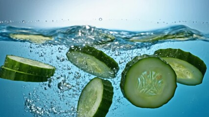 Cucumber slices create vibrant splash in clear water, showcasing freshness of green vegetables, promoting healthy hydration and connection to natures invigorating essence - Powered by Adobe