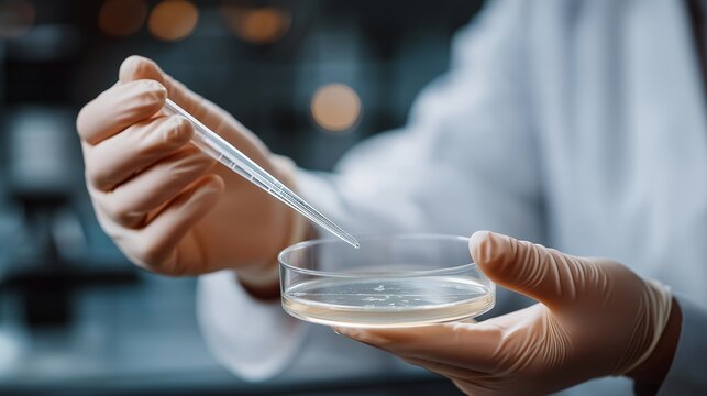 Scientist’s gloved hand holding a glass pipette above clear petri dish, emotion of accuracy and control visible, symbolizing microbiology testing, sterile laboratory conditions, and high-precision