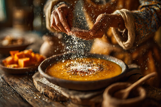 Woman salting delicious pumpkin soup at wooden table, closeup